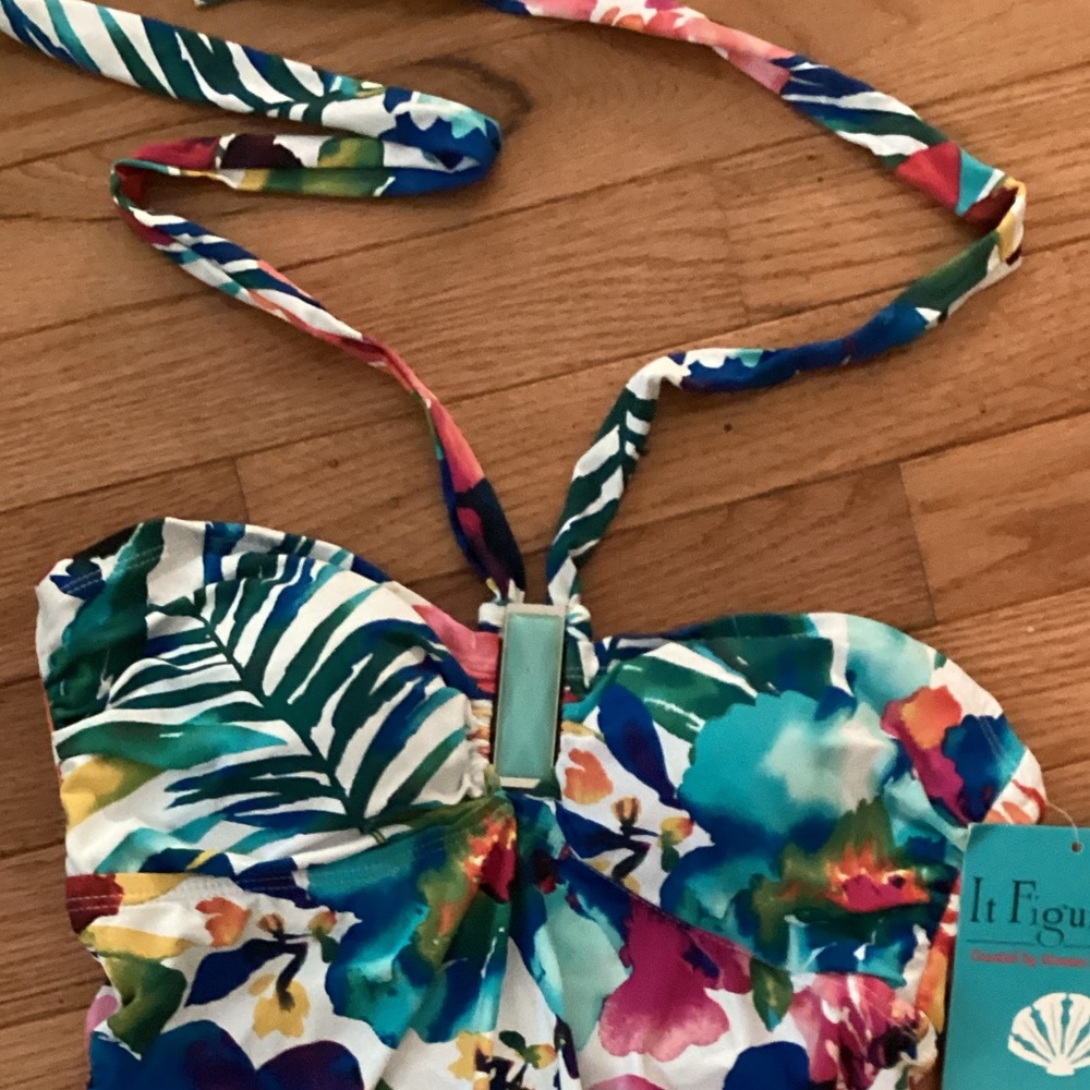 NWT “IT FIGURES” TUMMY THINNING RUCHED SIDES VIBRANT TROPICAL TANKINI - Picture 7 of 11